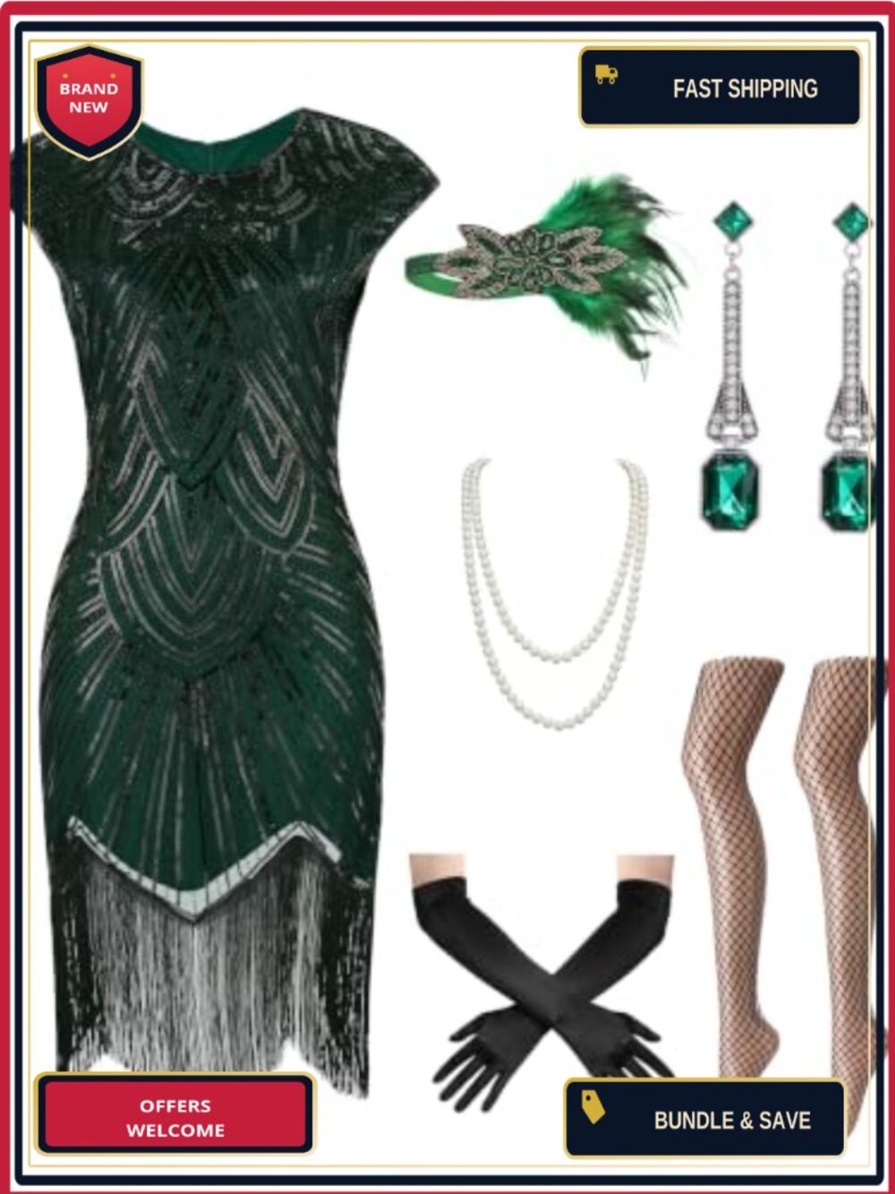 1920s Flapper Dress Sequin Fringe Costume Set with Accessories